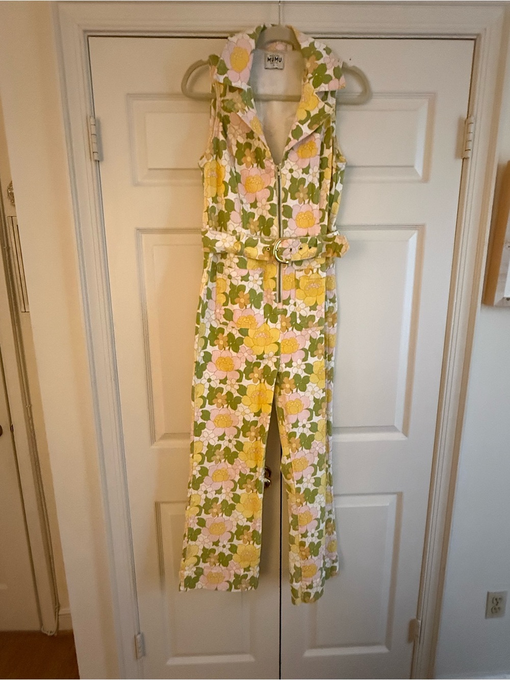 Floral Sleeveless Belted Jumpsuit in Yellow/Green/Pink